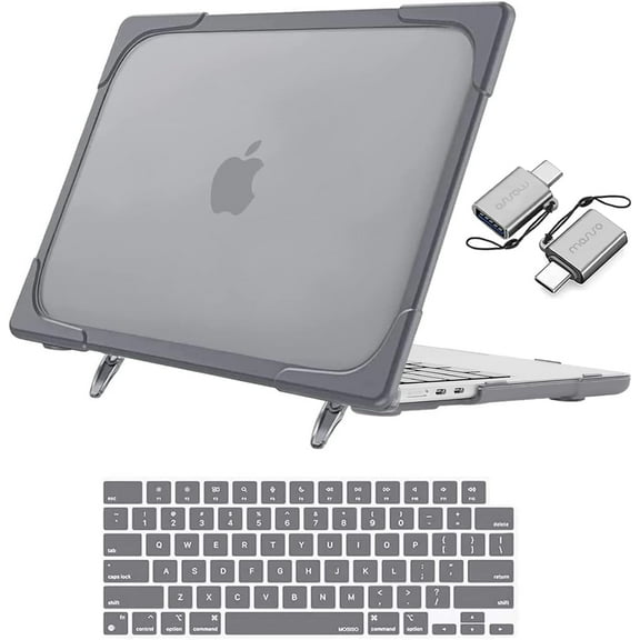 Mosiso Case for MacBook Air 13.6 inch Case 2025-2022 M4 A3240 M3 A3113 M2 A2681, Heavy Duty Plastic Hard Shell with Fold Kickstand & Keyboard Cover & Type C Adapter 2 Pack, Gray