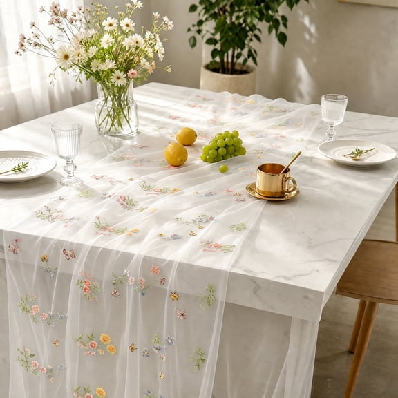 Floral Table Runner, 118 x 28 in Embroidery Tulle Wildflower Table Runner, Kitchen Dining Decoration for Wedding Birthday Party