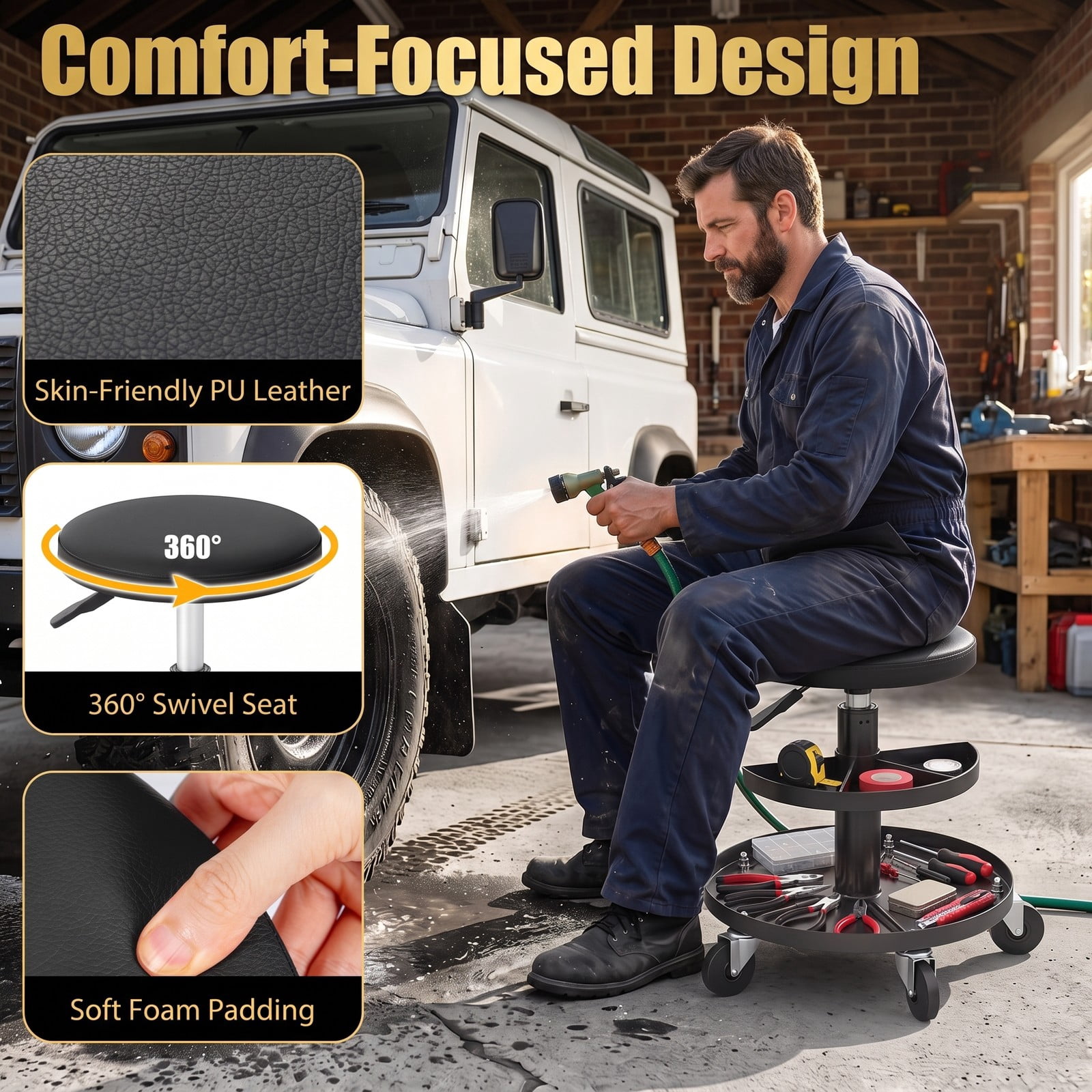 Furnibear Rolling Mechanic Stool with Wheels, 16.5-22 in Adjustable Height Swivel Shop Stool, 2-Tier Tool Trays, PU Leather Padded Seat, 360 Degree Casters, 265, Black