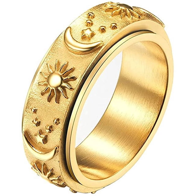 Stainless Steel Spinner Ring for Anxiety Fidget Rings for Relieving Stress Anxiety Ring Sun Moon Stars Promise Engagement Ring Size(Gold,11#)