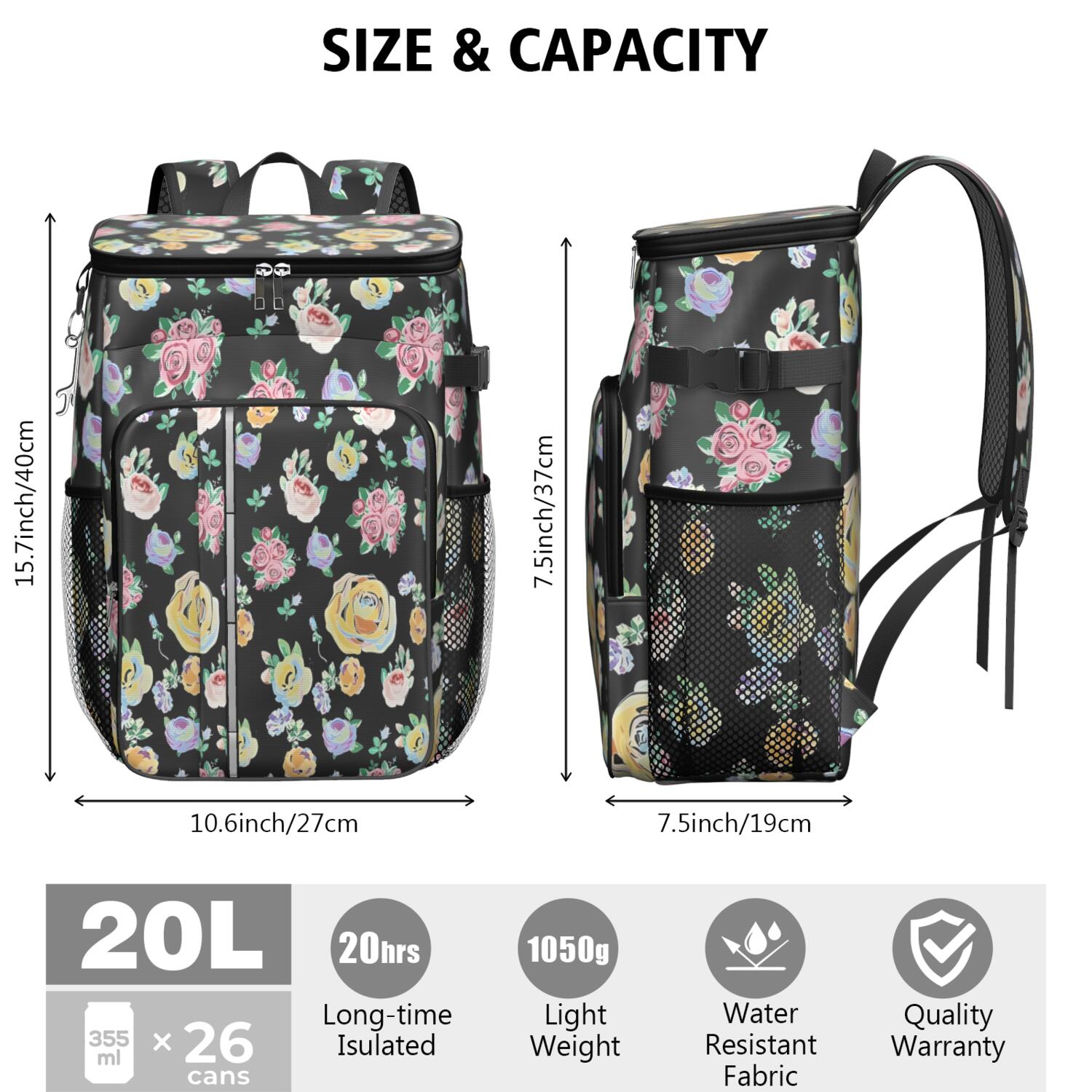 Travel Cooler Bag - Pioneer Flower Floral Print Pattern Camping Beer Cooler Backpack with Bottle Opener- Waterproof Insulated Picnic Backpacks - Cooler Bag for Beach