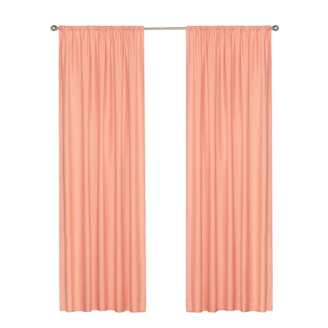 cortina dos paneles elefantito 1.30 x 2.20 mt salmón transparencia media flora, dos paneles rosa salmón en riel con ojales de 5 cm; cada panel 1.30 x 2.20 m cubre hasta 2.60 m, confección en tela ultrasoft con plisados verticales, incluye 2 cintas para sujetar; adecuada para habitación y como telón decorativo en eventos.