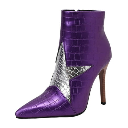 

PMUYBHF Womens Pull on Leather Work Boots Ladies Solid Colour Glossy High Heel Fine Heel Star Decoration Colour Blocking Mid Pointed Toe Large Size Boots Ankle Boots Short Boots Snap