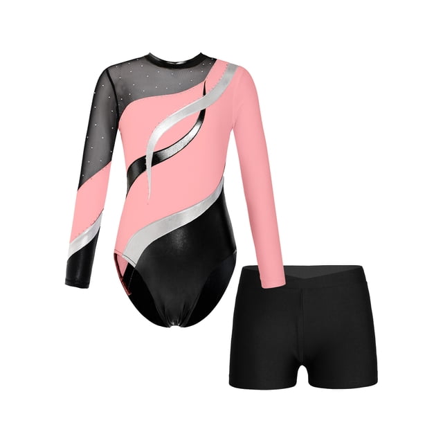 Jelory Justaucorps de Gymnastique à Manches Longues pour Filles, Ensemble de 2 Pcs, Robe de Danse de Ballet, Justaucorps, Rose 8