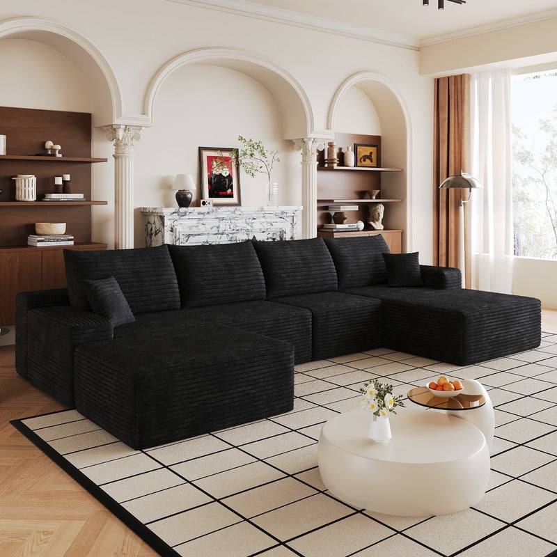 135" Cloud Sectional Sofa with Ottoman, U Shaped Modular Sectional Couch, Modern Minimalist Deep Seat Upholstered Sofa with Chaise, Plush Corduroy Fabric Living Room Sofa Set, No Assembly Required
