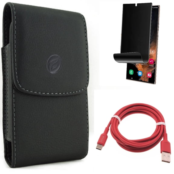 Privacy Screen Protector & Case Belt Clip & 6ft USB-C Cable for Samsung Galaxy S22 Ultra (6.8") - Combo TPU Film (Fingerprint) Anti-Peep & Leather Holster Cover & Red Charger Cord Power