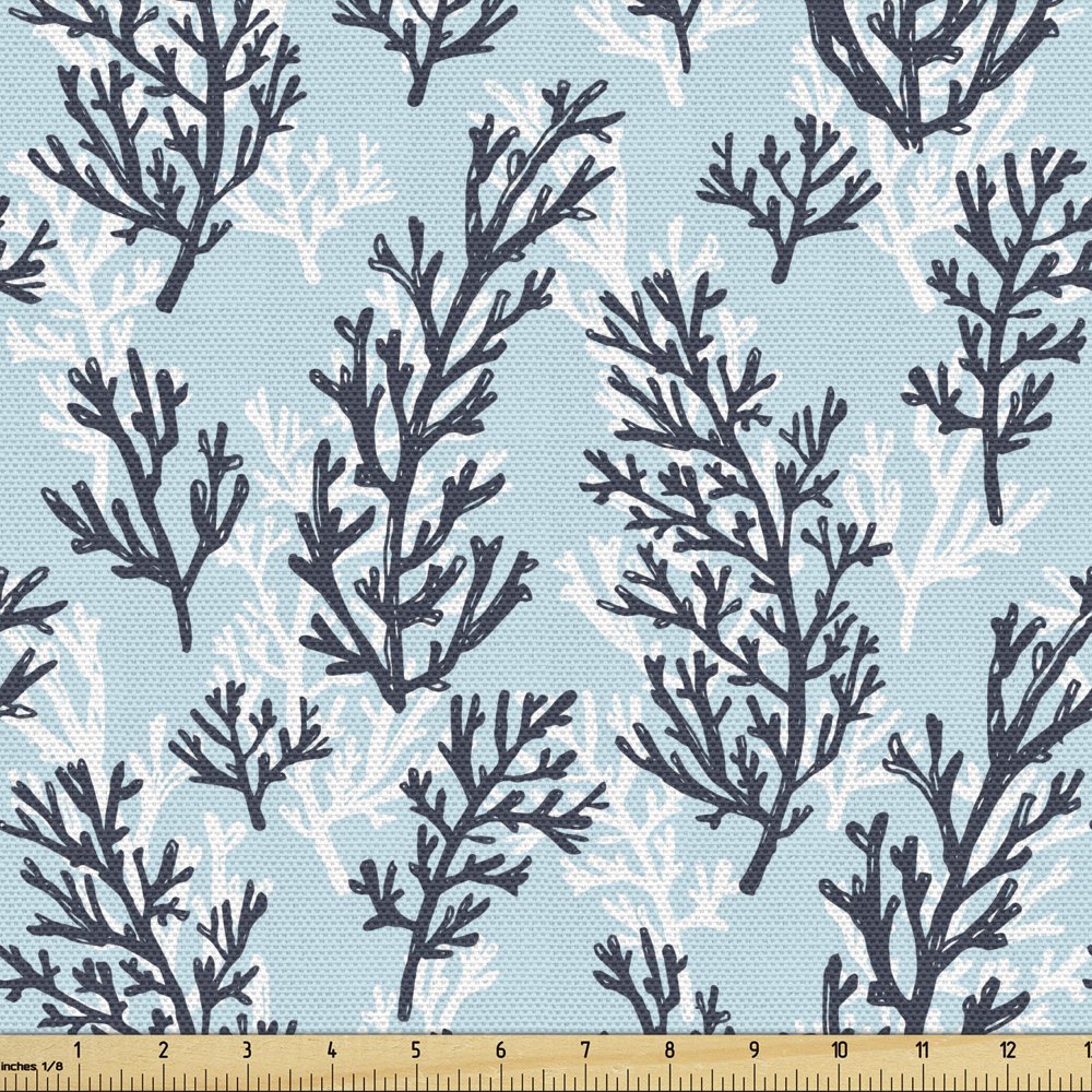 Blue and White Fabric by the Yard, Hand Drawn Style Ocean Themed
