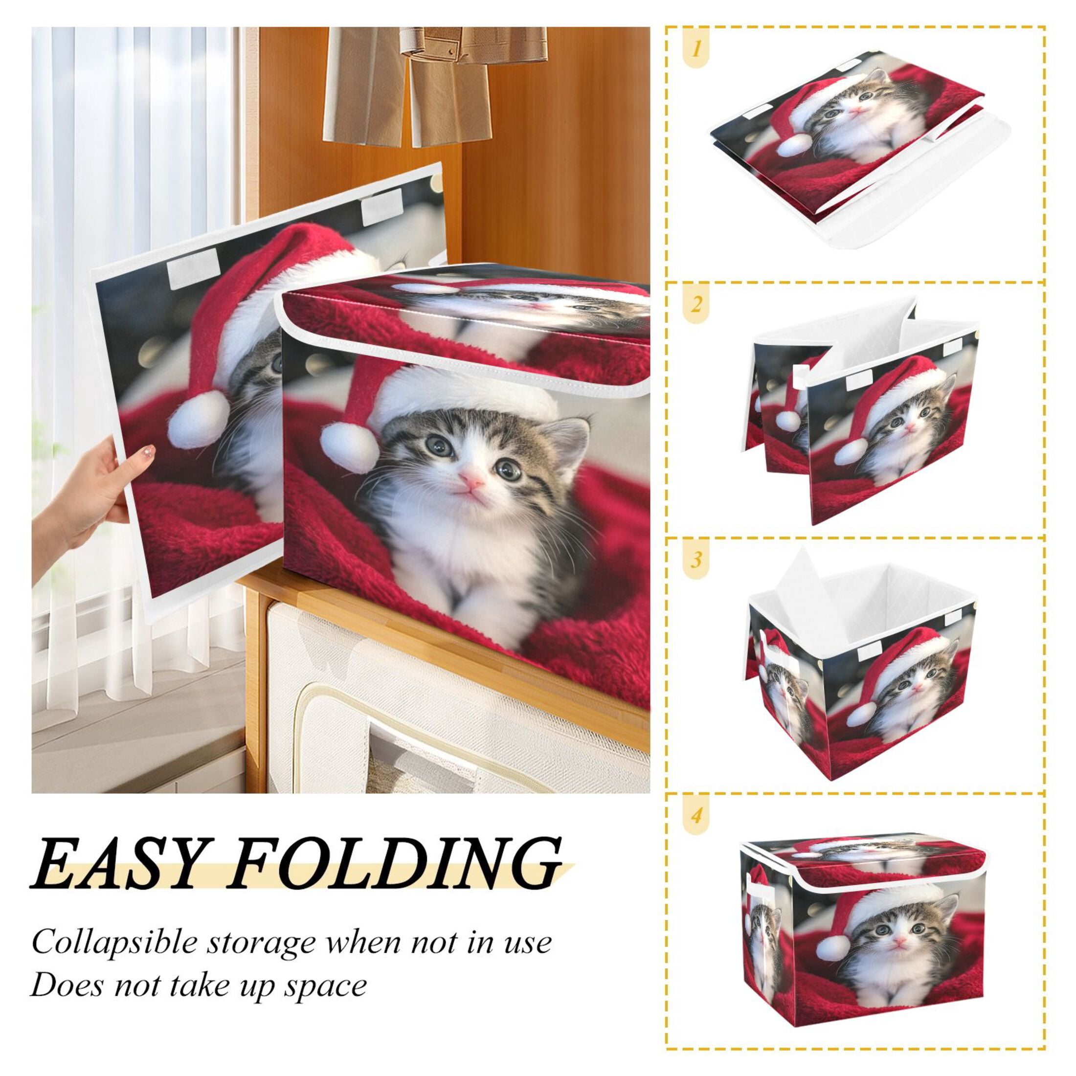 Storage Box With Lid 16.5x12.6x11.8In Foldable Stacked Household Storage Box Santa Hat Cat Picture