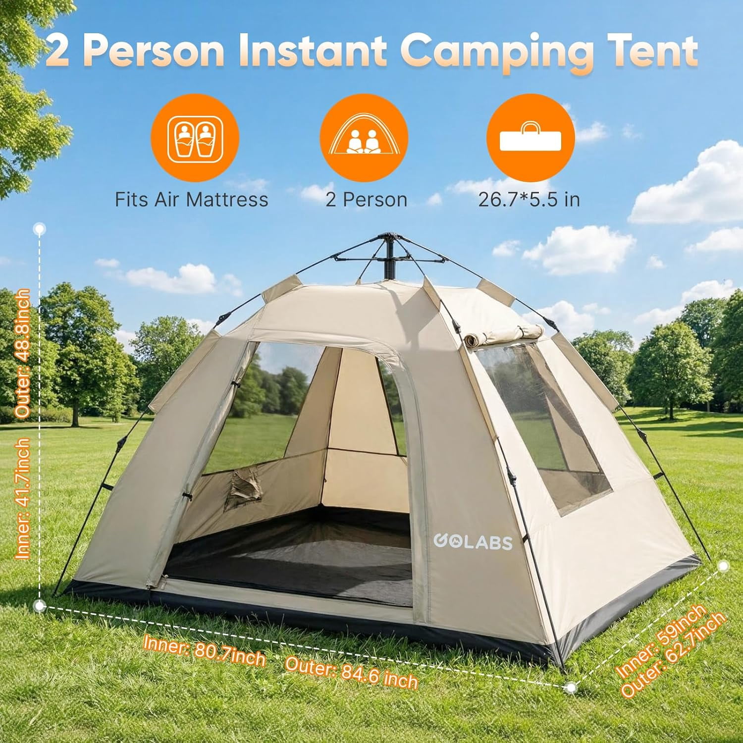 Golabs CT3 2-Person Instant Camping Tent, 4.8lbs Lightweight, Portable, Easy 1-Minute Setup Pop-Up Tent for Outdoor, Khaki
