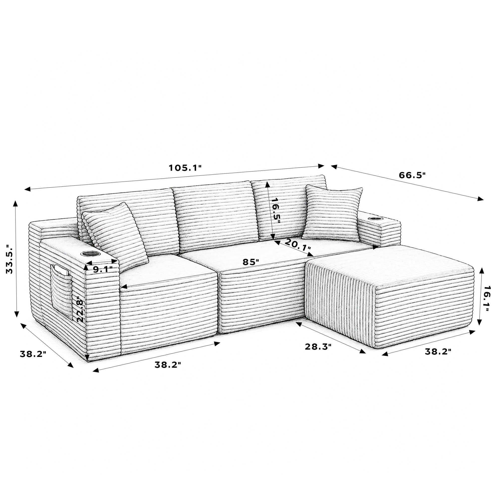 HOQBN L-Shaped Sectional Sofa with Ottoman, Corduroy 3-Seat Couch, Modern Modular Sofa for Living Room Dark Gray
