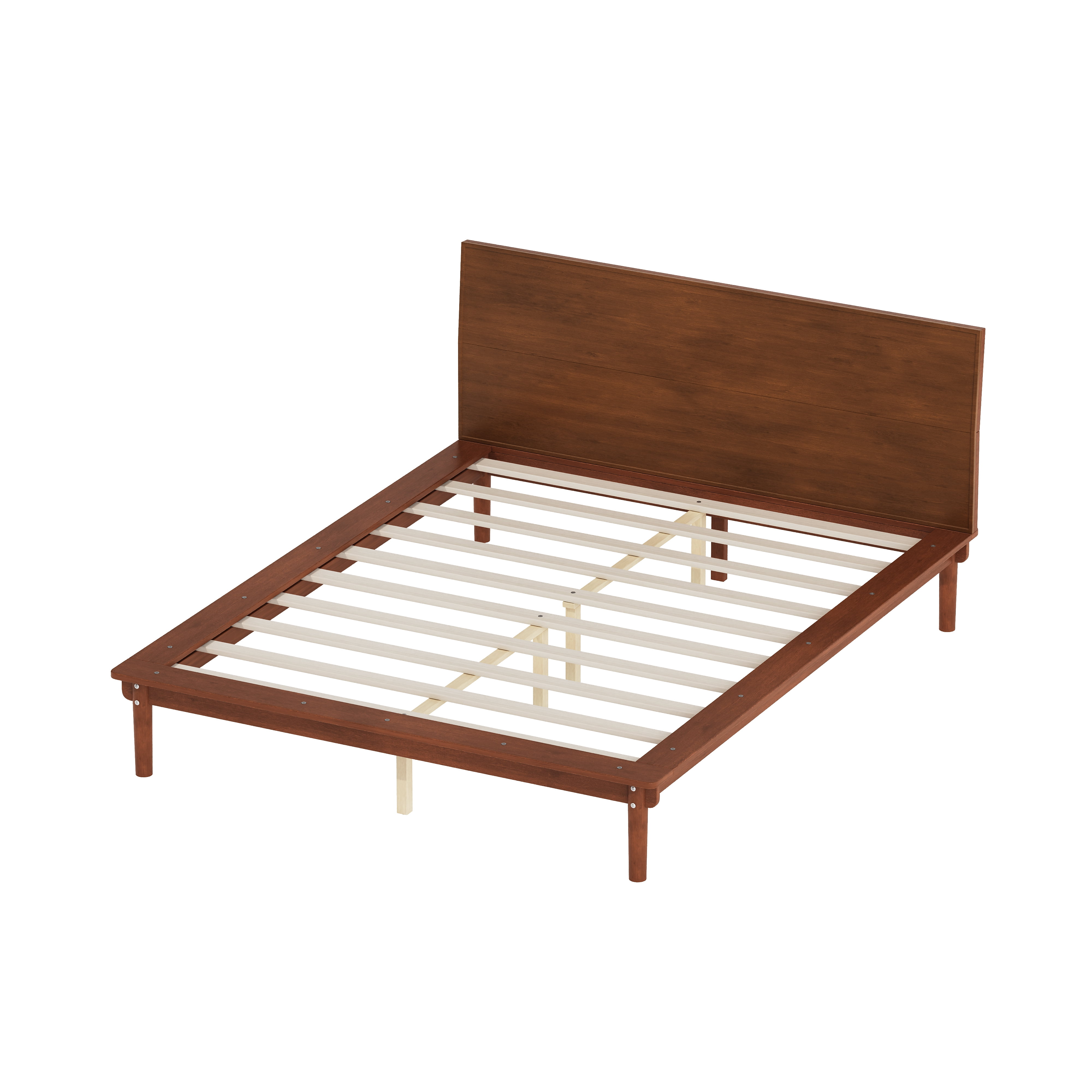 Euroco Wood Mid-Century Queen Bed, Low Profile Platform Bed Frame with Subtly Angled Headboard, Widened Side Rails, No Box Spring Needed, Walnut