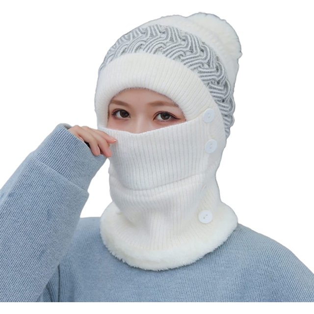 Gorro de punto con forro polar para mujer, gorro de invierno a prueba de viento, bufanda cálida, gorro de una pieza con orejeras, gorro de punto JFHHH pequeña