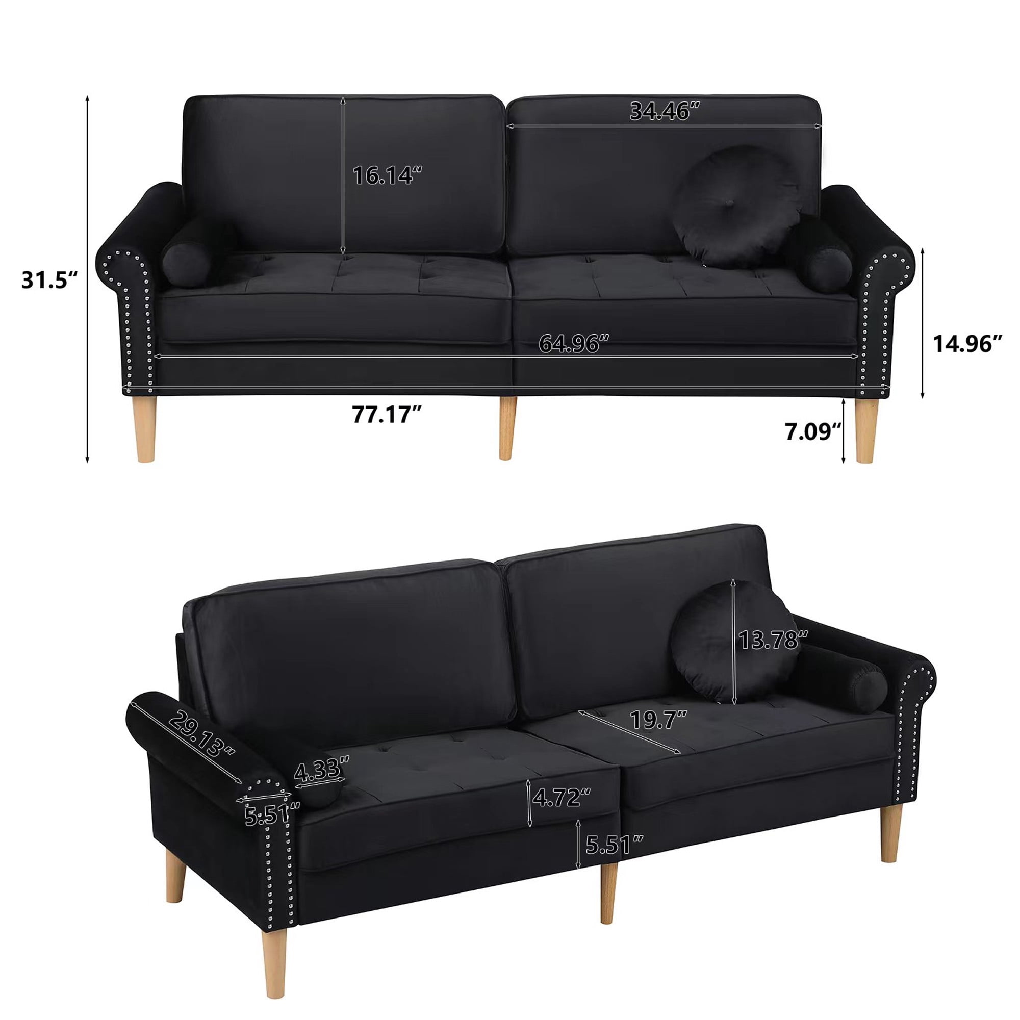 Aukfa 77.2" Sofa Couch, 3-Seater Sofa with Copper Nail and 3 Pillows, Velvet Loveseat for Living Room - Black