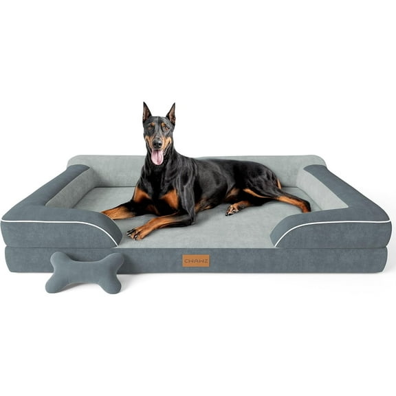 XXL Dog Bed for Extra Large Dogs, Giant Dog Beds with Cooling Gel Memory Foam, Waterproof Pet Bed with Removable Washable Cover, 53" Pet Sofa Bed Velvet with Bone Toy, Dark Gray