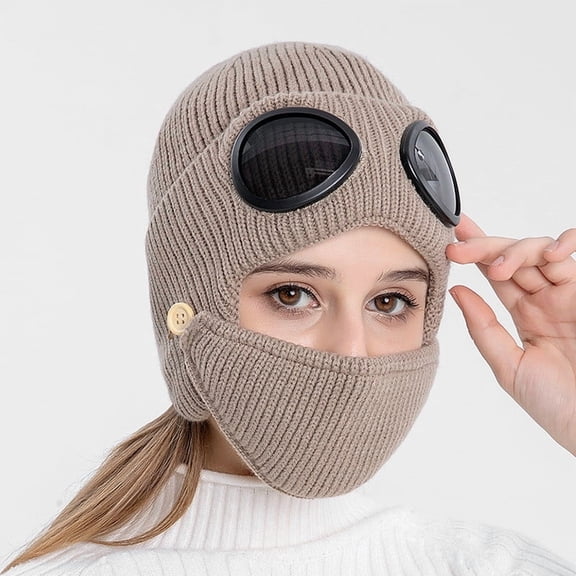 3-in-1 Winter Ski Hat, Beanie with Detachable Mask and Goggles, Unisex Thermal Knit Hat for Snowboarding Skiing, Cold Weather Outdoor Activity Set for Men Women