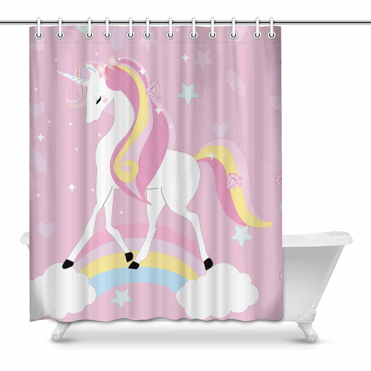 Cartoon Rainbow Unicorn Shower Curtain Set Polyester Fabric Bathroom Accessories 