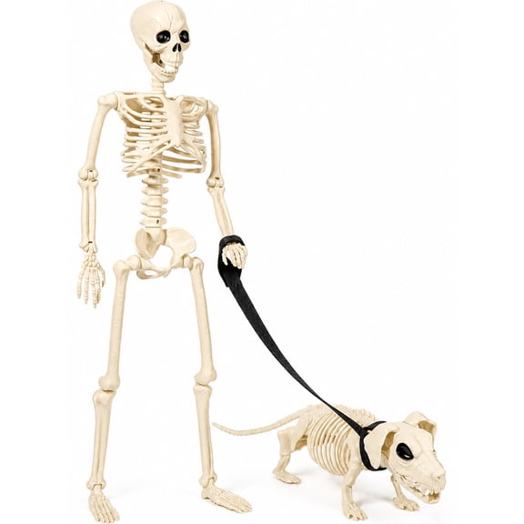 DAKIMOE Halloween Outdoor Decoration Skeleton with Skeleton Dog & Leash 2.9 Ft Skeleton Walking Dog Halloween Party Decoration Yard Lawn Garden Patio Party Decor