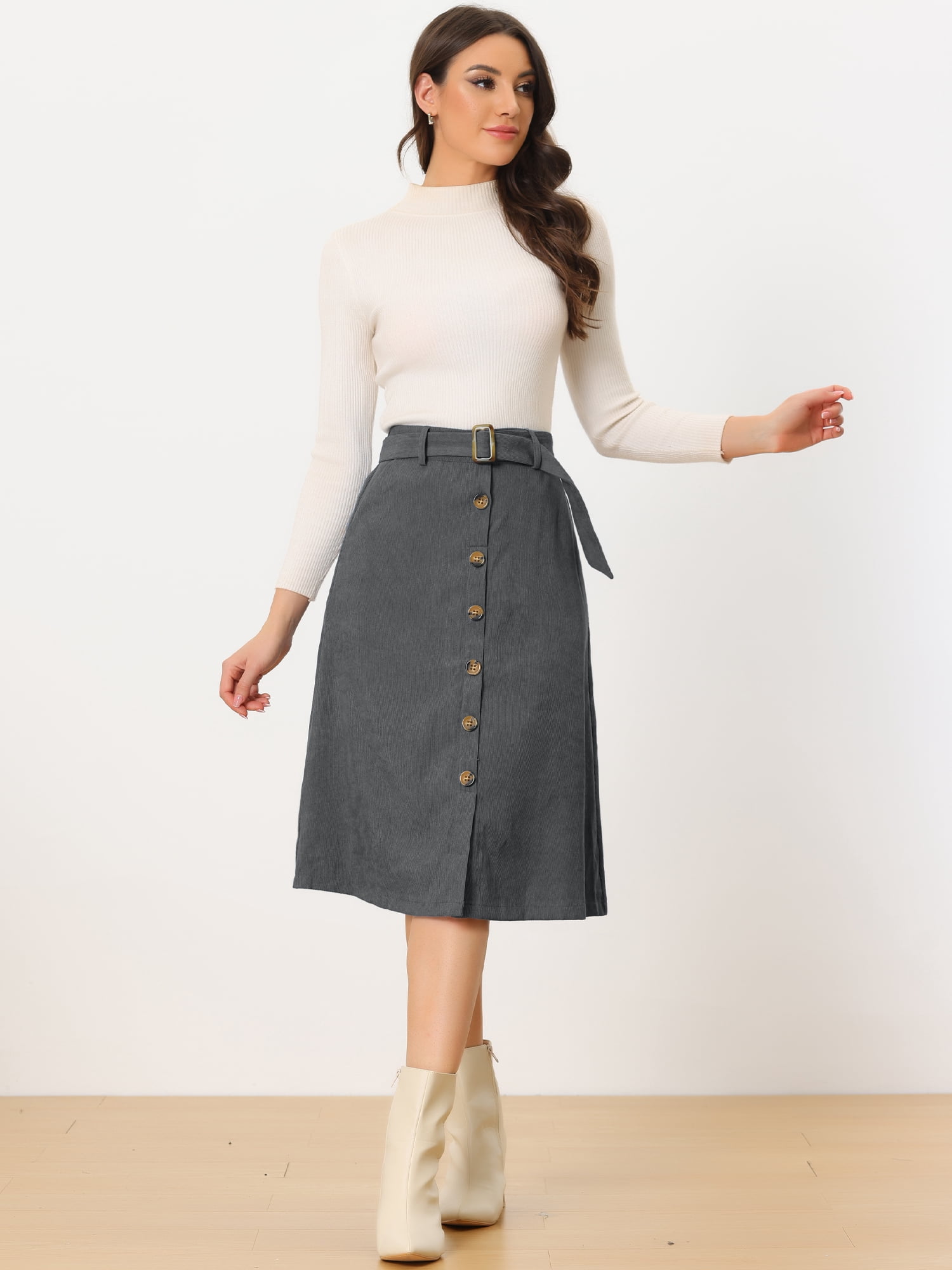 DARING DIVA Women's A-Line Button Front Belted Midi Skirts 2XL Grey