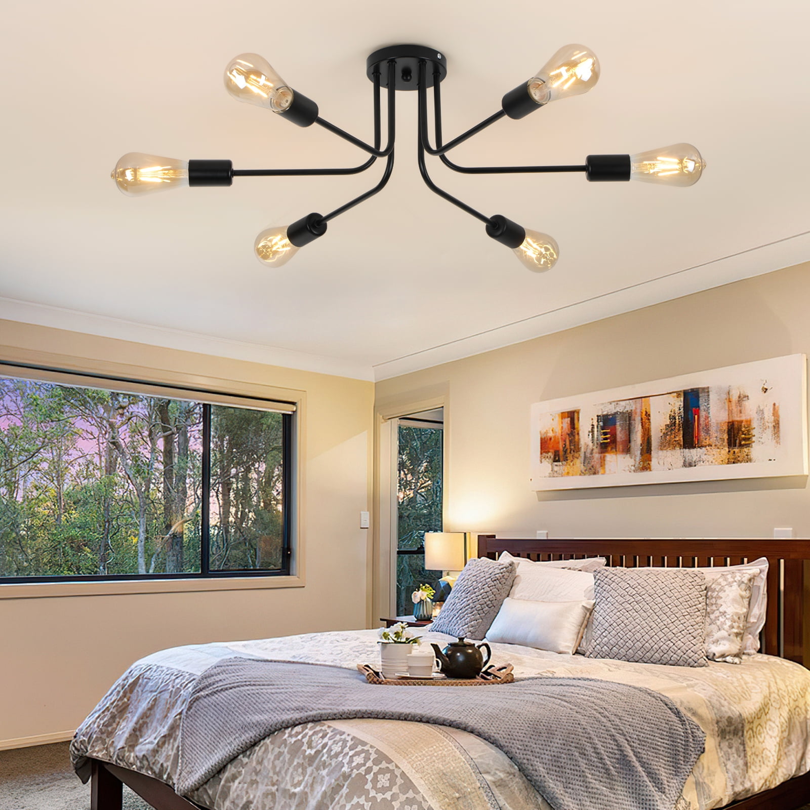 HALIGATE 6 Lights Sputnik Semi Flush Mount Ceiling Light Matte Black Modern Edison Chandelier Industrial Close to Ceiling Light for Farmhouse Dining Room Kitchen Bedroom Living Room Study