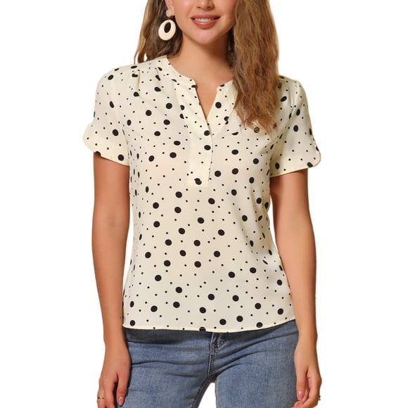 BLUSA ESTAMPADA DE PUNTOS EN V PARA MUJER INSPIRE CHIC MANGA CORTA TOP PARA TRABAJAR XS Negro-Abricot