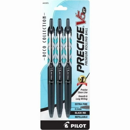 Pilot 3pk Precise V5 RT Deco Collection Rollerball Pens Extra Fine Point 0.5mm Black Ink