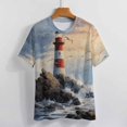 thumbnail image 3 of Lighthouse Sunrise Coast Scenery Pale Blue Tan Women's Short Sleeve Tops Casual Blouses T Shirt, 3 of 6