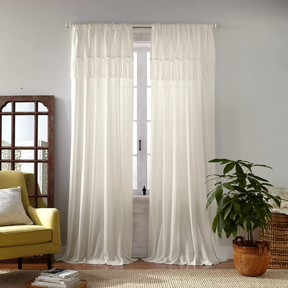 shiyou-Home Fashions Calypso Boho Hand-Knotted Macrame Tassel Semi-Sheer Cotton Rod-Pocket Window Curtain Panel, 52 inches by 84 inches, Ivory