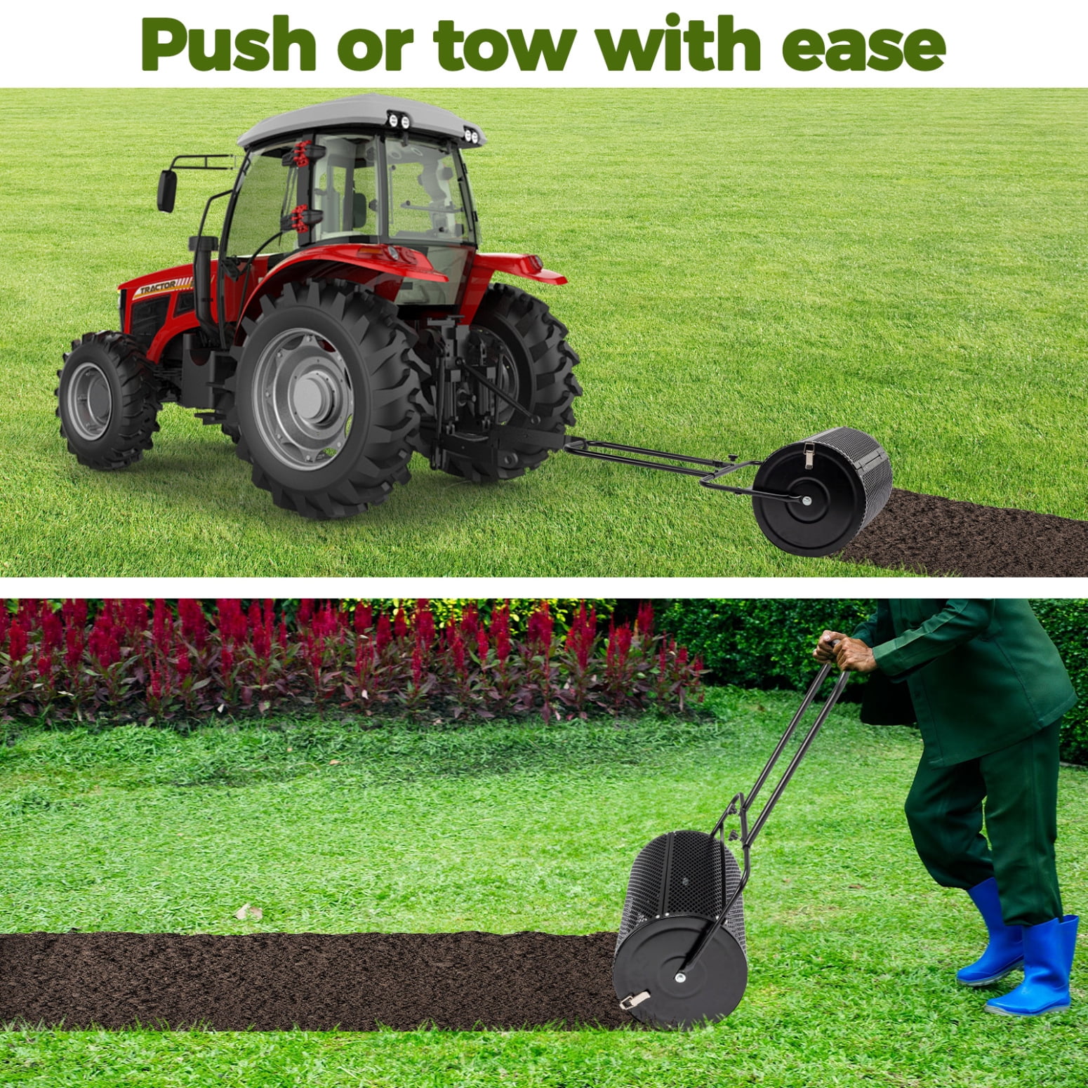 Compost Spreader, 24" Peat Moss Spreader with Upgraded Side Latches Support Rod, Top Soil Spreader, Powder Coated Metal Mesh Top Dressing Spreader for Lawn, 2 Way Uses-Push or Tow (Black)