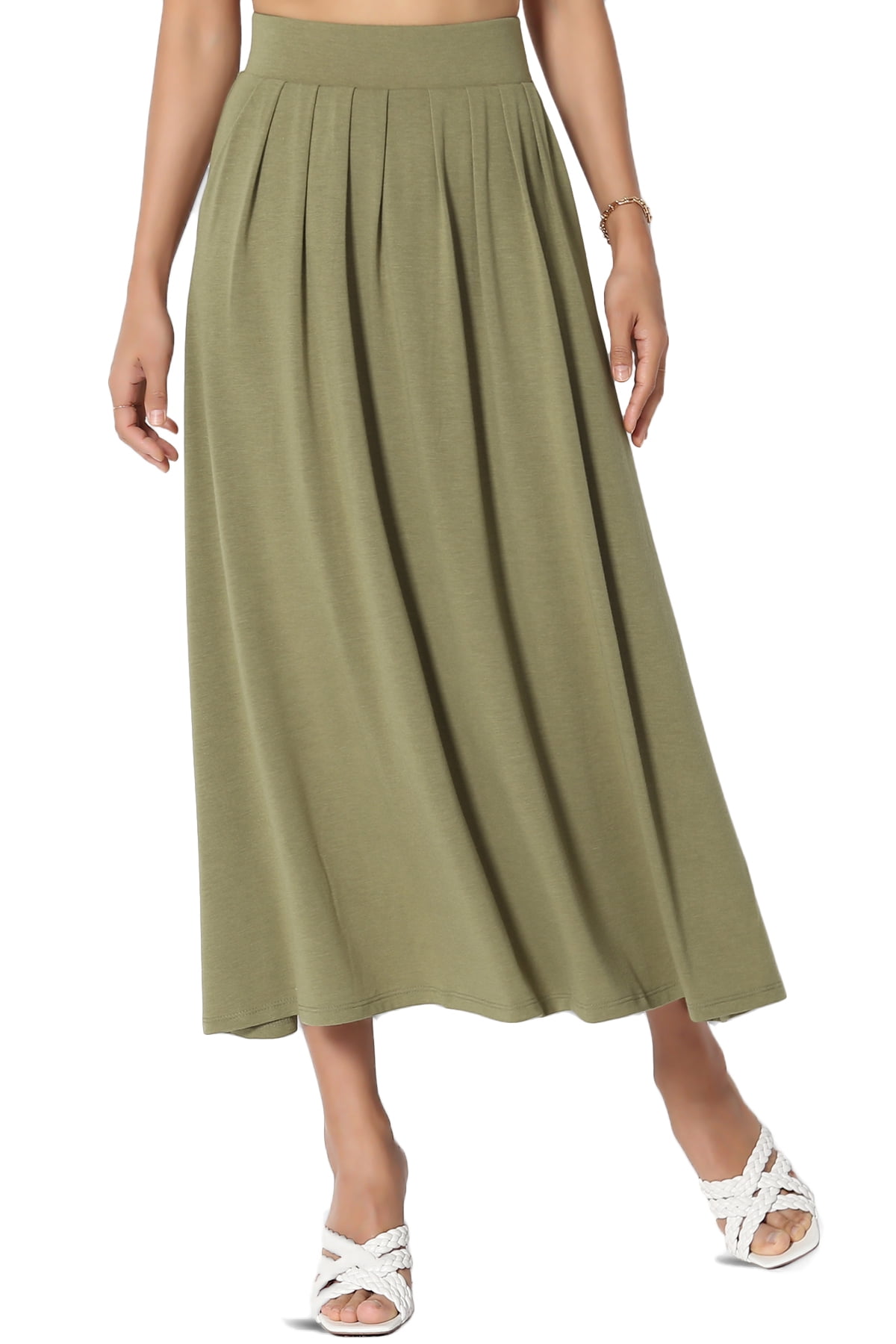 Themogan Women's Plus Pleated Elastic High Waist Pocket Flare A-Line Mid Calf Midi Skirt, Size: 1XL, Green
