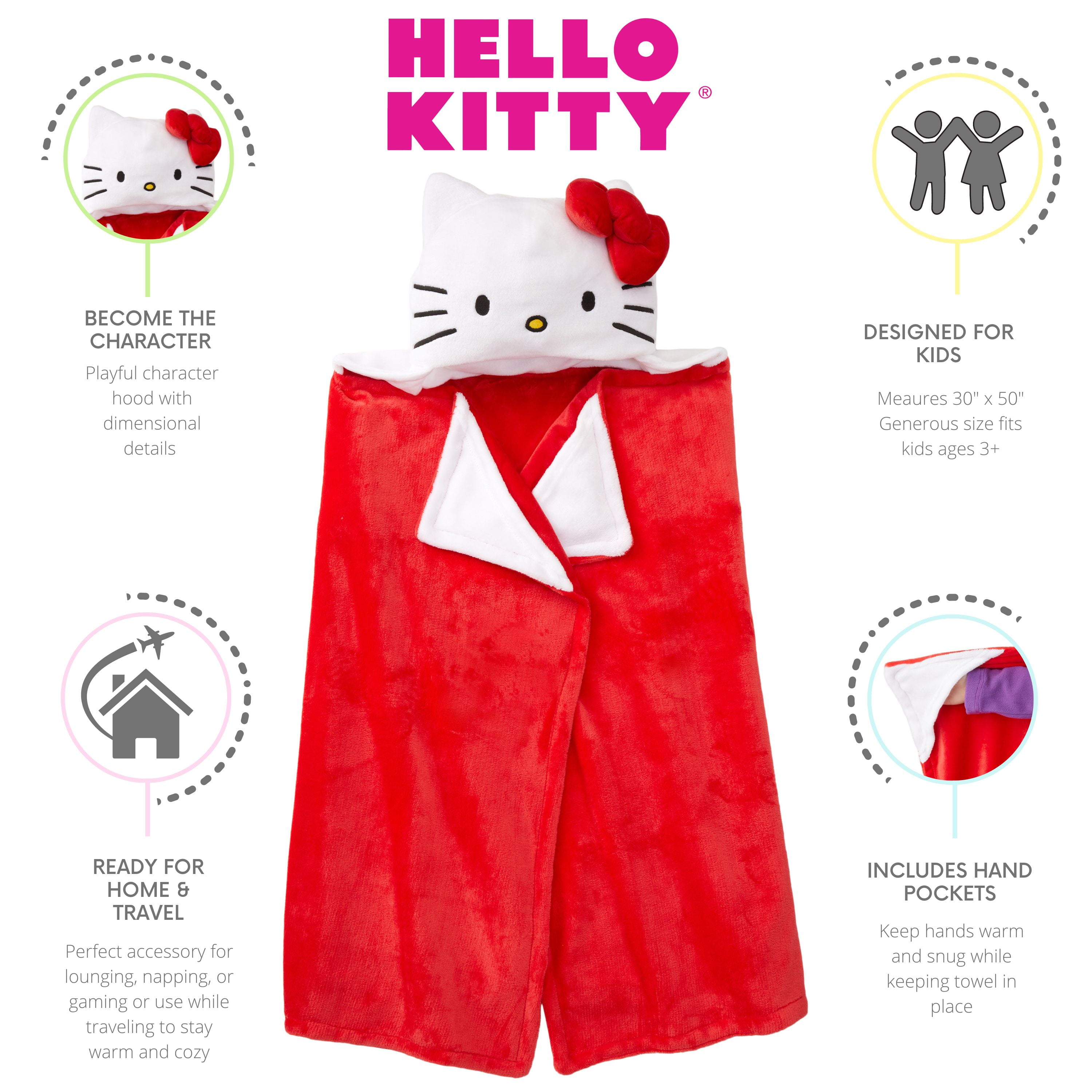 Hello Kitty Kids Hooded Throw, Wearable Plush, Red