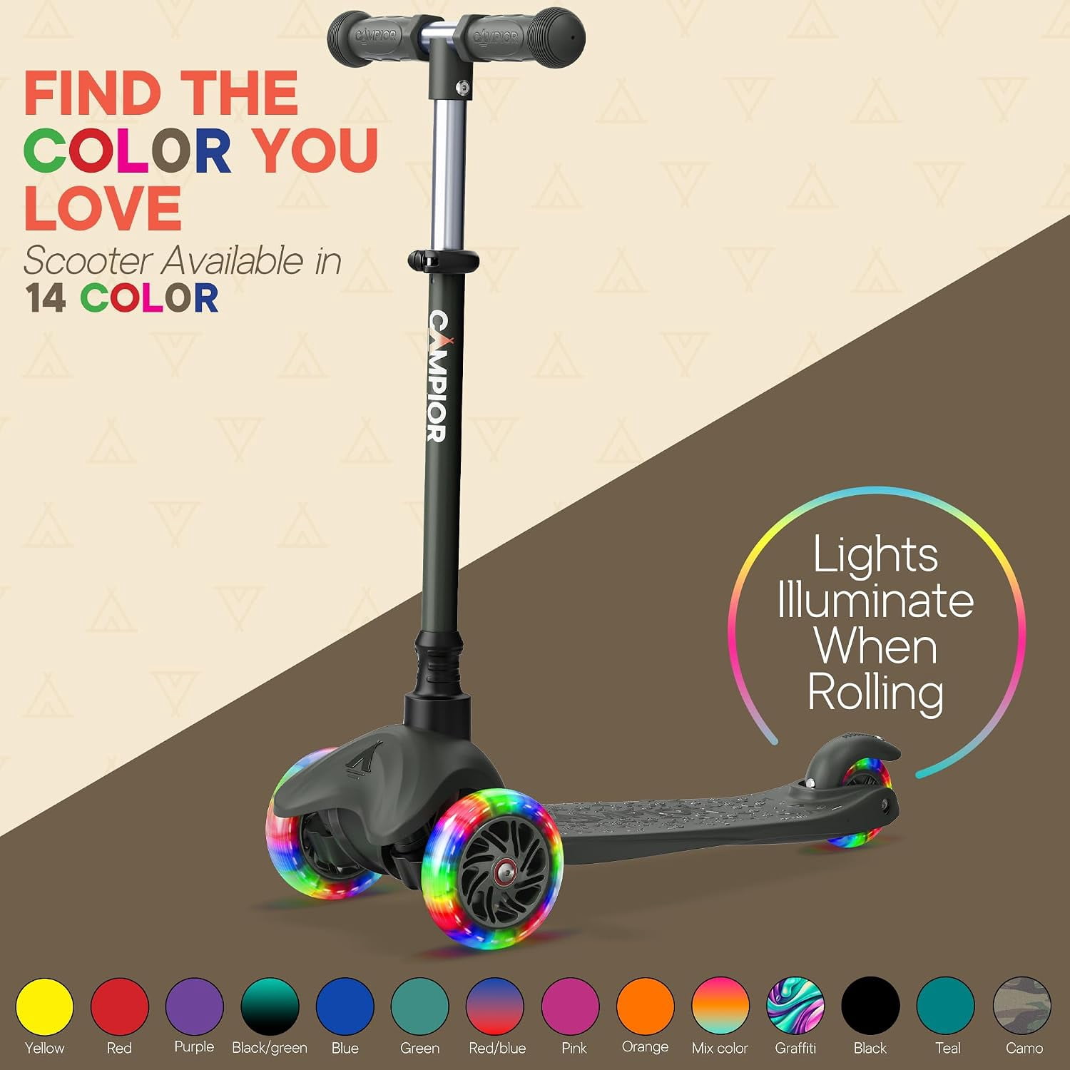 Campior Black 3-Wheel Kids Scooter, Lean-to-Steer with LED Wheels, Adjustable Handlebar, Anti-Slip Deck, Rear Foot Brake, Ages 2+