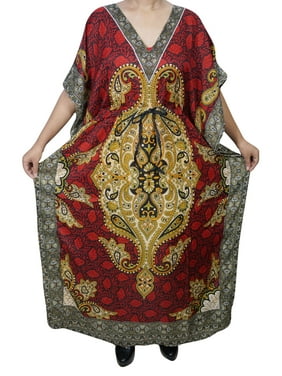 Mogul Womens Maxi Caftan Dress Floral Print Red Kimono Sleeve Nightwear House Dress XXXL