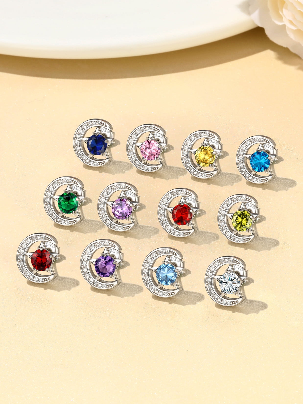 Suplight Sterling Silver Moon Star Earrings Cubic Zirconia Birthstone Jewelry Gift for Women