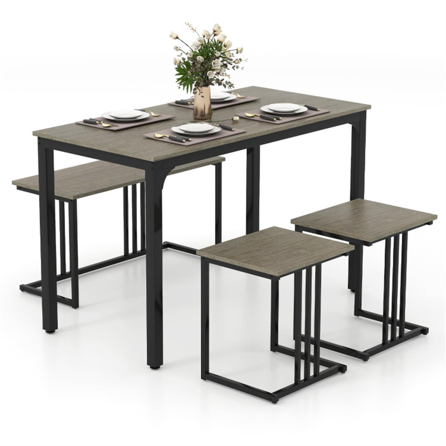 Demi Bonn 4-Piece Dining Table Set with Bench and 2 Stools, 47"dustrial Kitchen Table with Metal Frame, Perfect for Small Space, Gray