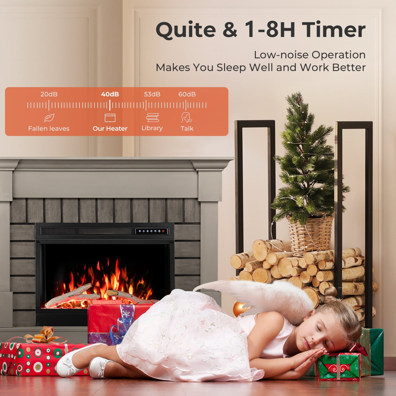 WAA Electric Fireplace Mantel Package Wooden Surround Firebox TV Stand Free Standing Electric Fireplace Heater,Remote Control,4 Flame Colors,12 Flame Bed Colors,5 Flame Brightness,5 Speeds,GREY