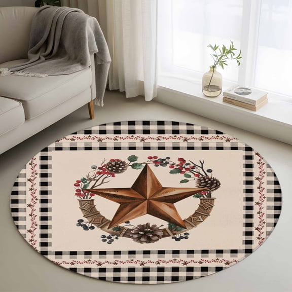 Round Area Rug 4 Ft, Farmhouse Washable Non-Slip Circle Carpet for Living Room/Bedroom, Country Star Berry Plaid Lodge Grey Brown Low-Profile Crawling Mats Collection Rugs for Indoor