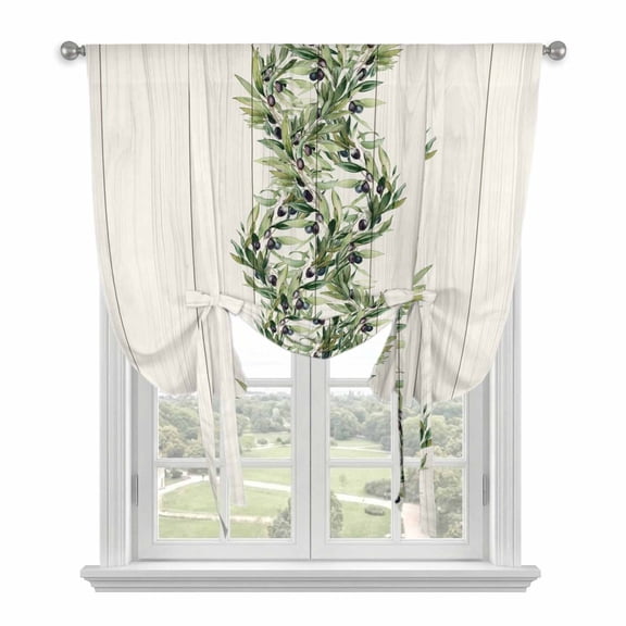 Sage Green Leaves Tie Up Curtains for Windows, Adjustable Balloon Window Shades, Summer Botanical Retro Art Wooden Kitchen Window Treatments Farmhouse Short Curtains with Rod Pocket 42"x45"