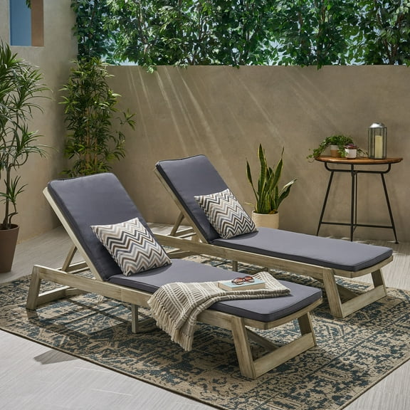 Cullen Outdoor Acacia Wood Chaise Lounge and Cushion Sets, Set of 2, Light Gray and Dark Gray