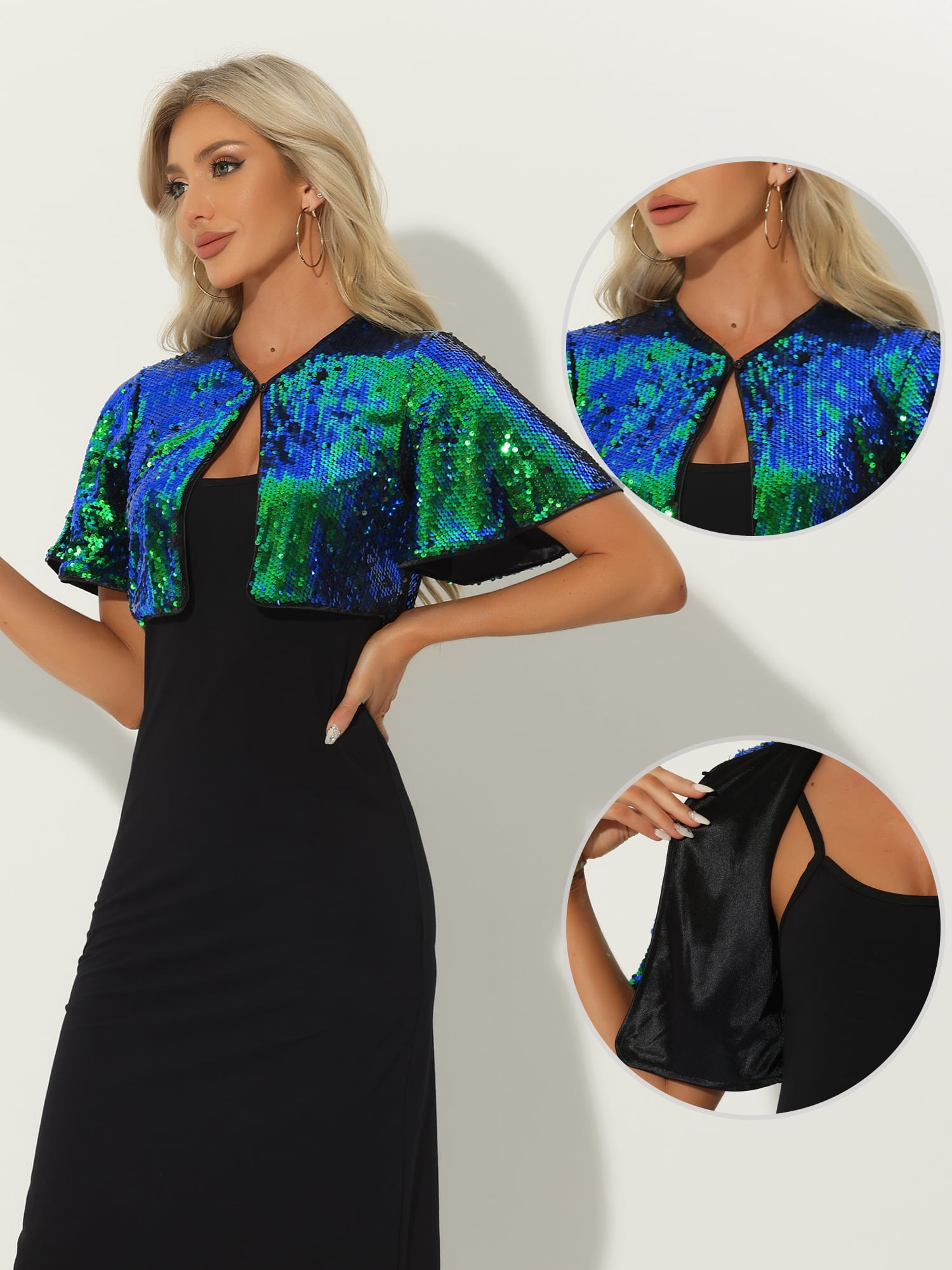 DARING DIVA Flared Sleeve Crop Shrug Bolero Glitter Jackets S Green Blue