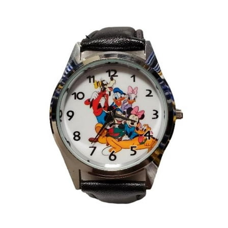 Mickey Mouse And Friends Cartoon Characters Black Leather Band Wrist Watch