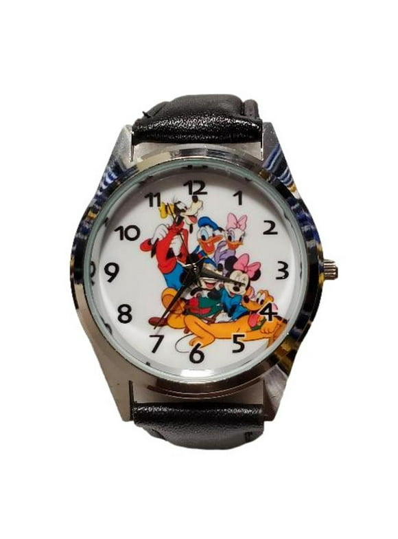 Mickey Mouse And Friends Cartoon Characters Black Leather Band Wrist Watch