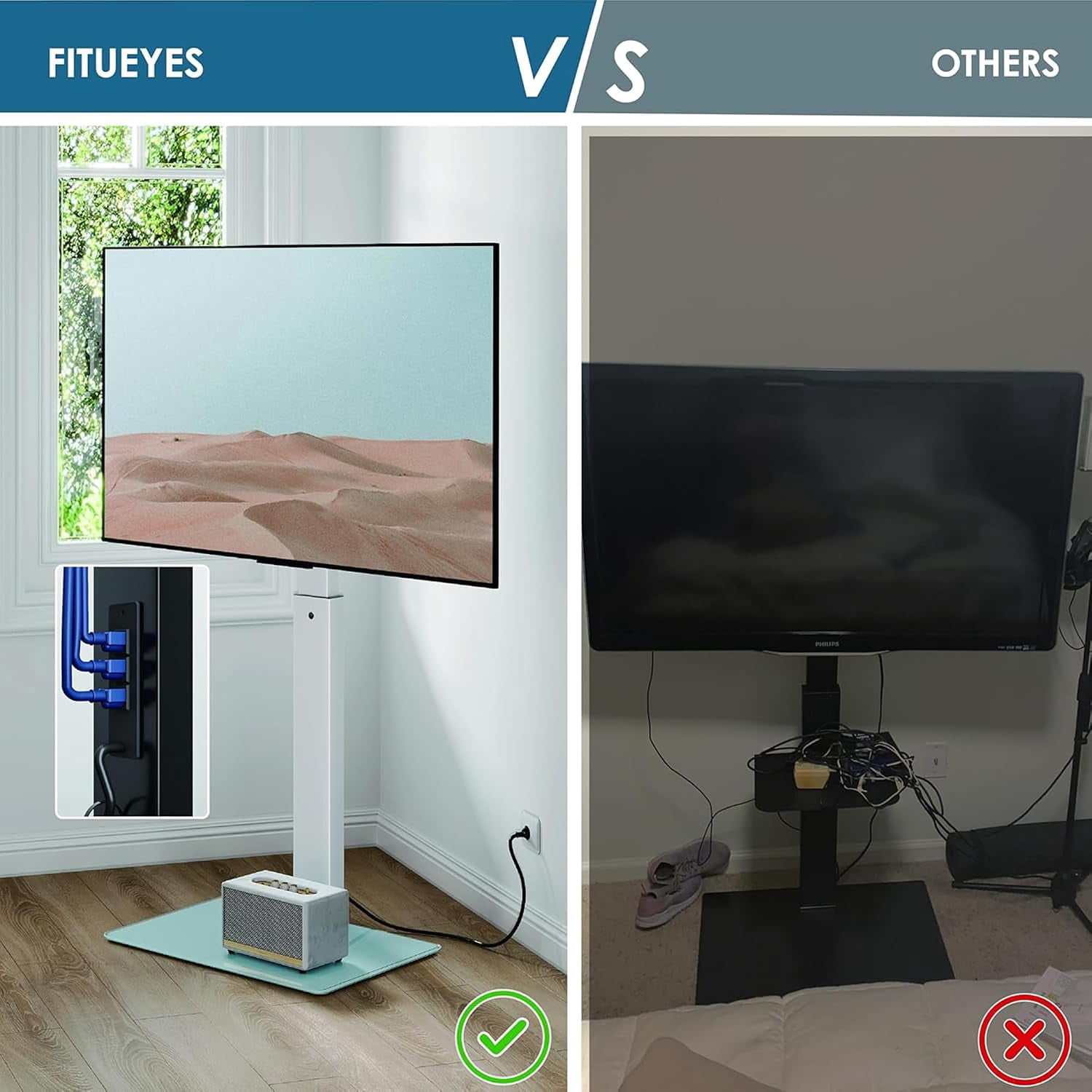 FITUEYES Floor TV Stand for 32–75 Inch TVs, White, Power Outlet, Swivel Mount