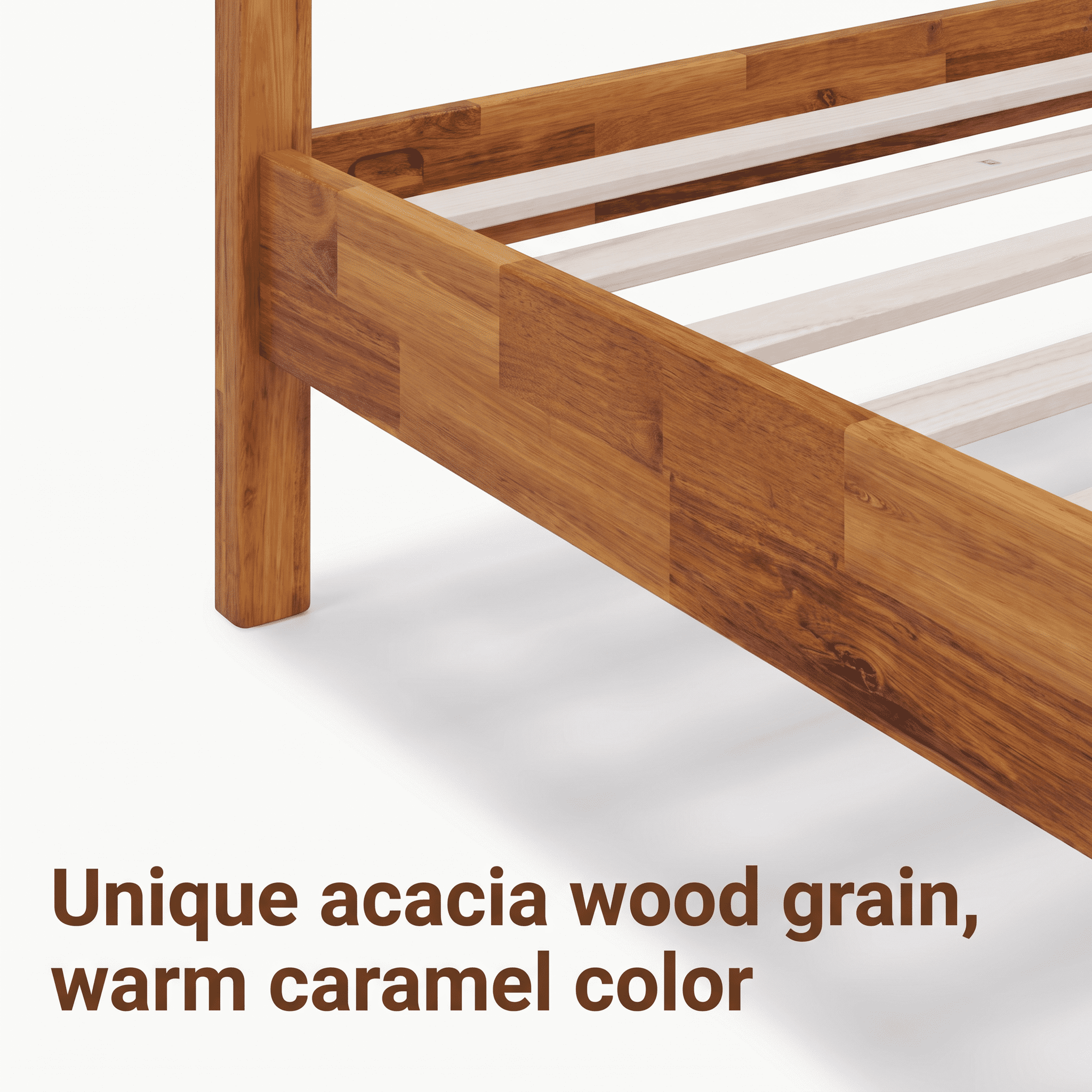Euroco Solid Acacia Wood Queen Size Platform Bed, Mid-Century Modern Style Bed with Hand-Woven Vegan Leather Headboard, No Box Spring Needed, Caremel