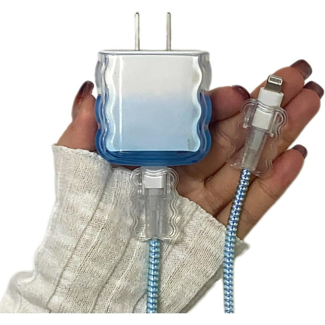 Cute iPhone 18W/20W Cable Protector, Classic USB-C Charger, Gradient Blue Charging Cable Protector, Soft Wave Shape TPU Charging Protective Cover, Cable Protector