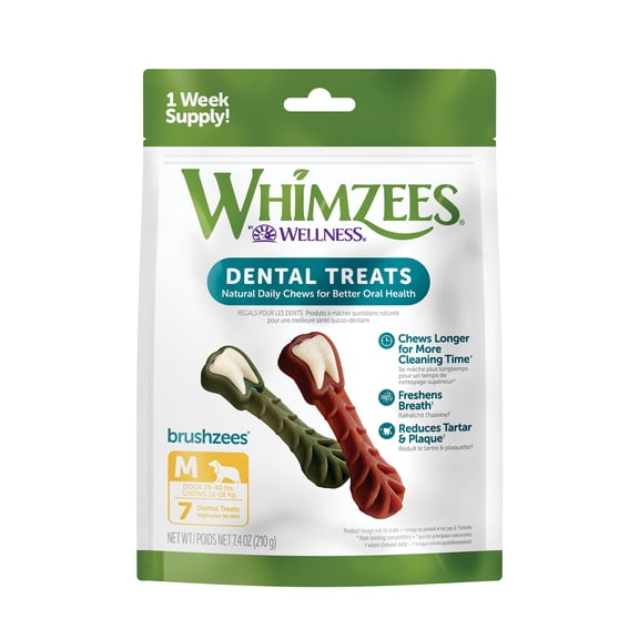 WHIMZEES By Wellness Daily Use Pack Grain Free Dental Treats for Dogs, Medium Brushzees Bag of 7
