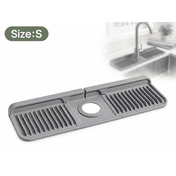Button Silicone Faucet Drain Mat with Fast Drainage Channels, Self-Draining Splash Guard for Kitchen Sink, RV & Bathroom, Secure Snap Design, Easy-Clean(37x14x2.1cm)