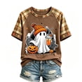 thumbnail image 4 of BODOAO Women's Fall Graphic Tee Halloween Ghost Pumpkin Print Short Sleeve Crew Neck T Shirt Plaid Raglan Tops Casual Loose Fit Autumn Thanksgiving Holiday Wear Brown M, 4 of 5