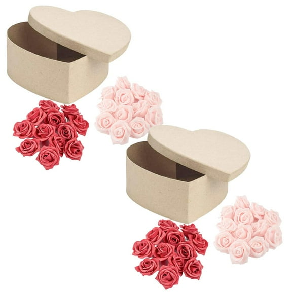 2pc Kraft Heart Paper Mache Boxes & Rose Filler (Pk/Rd) Sets - for Valentines & Gifts - Factory Direct Craft