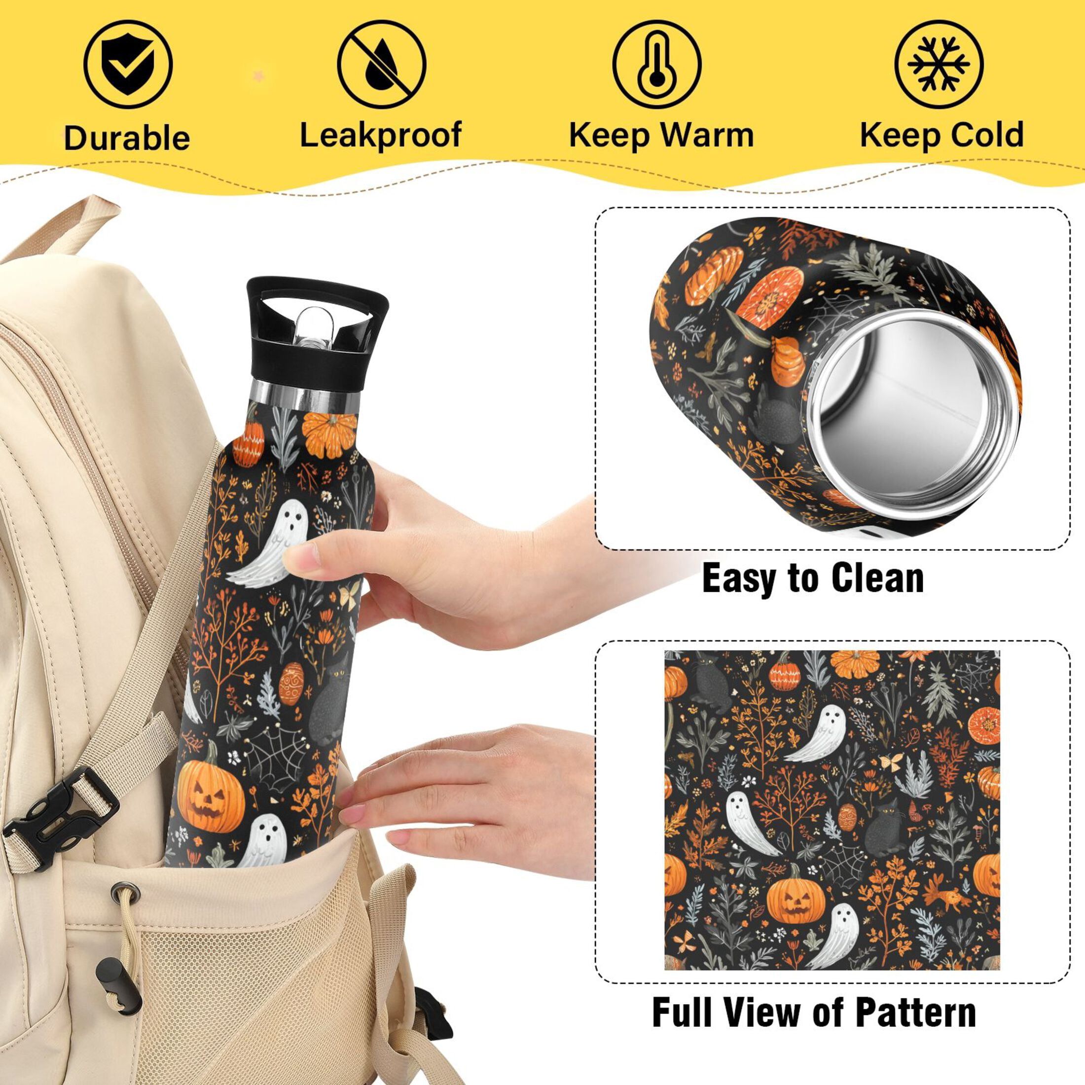 600ML Stainless Steel Insulated Cup Sports Water Bottle Portable Thermos Cup Water Glasses Insulated Tumblers Convenient and Durable Halloween Pattern Cute