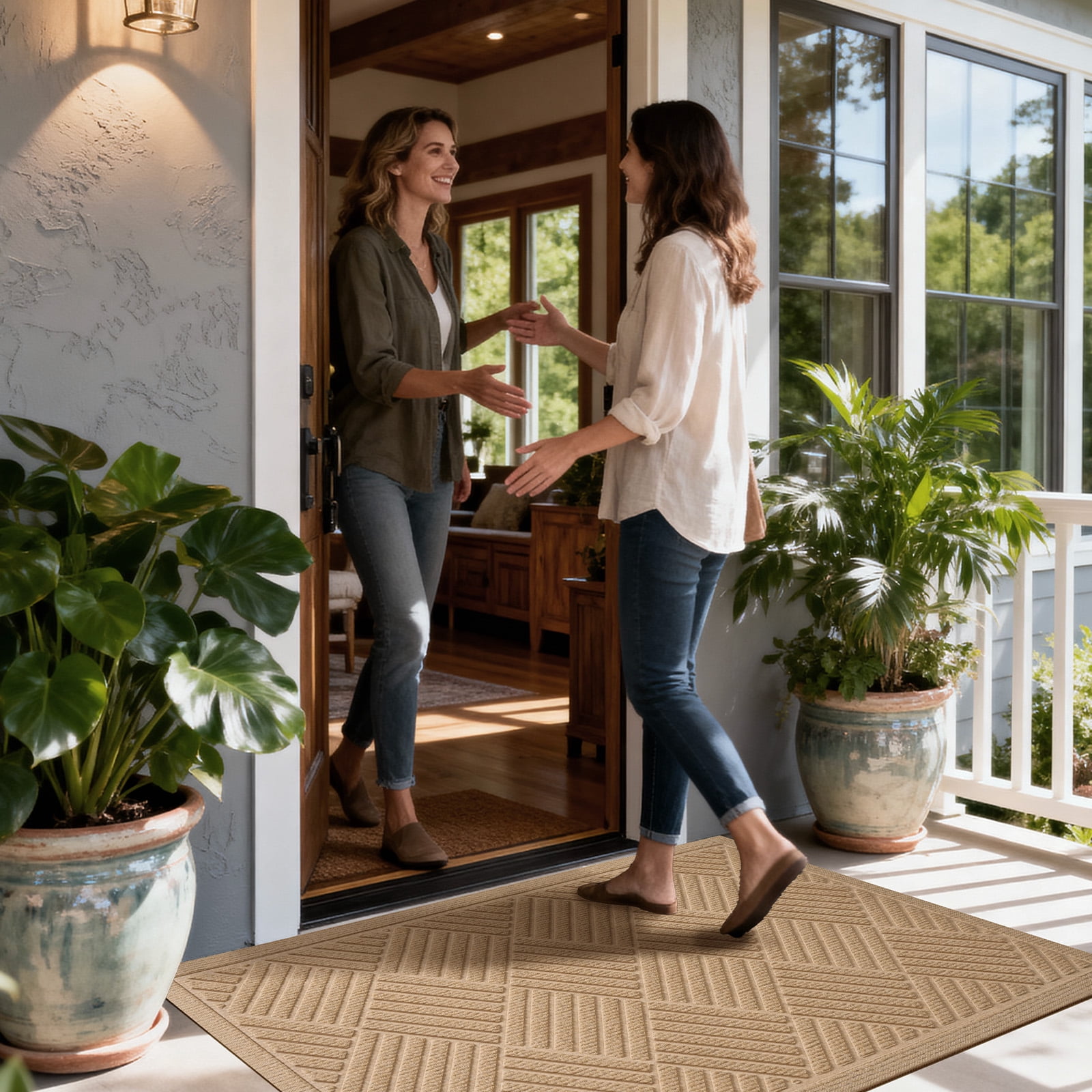 Front Doormat Non Slip Outdoor Mat 24"x36", Dirt Trapper TPE Welcome Mats Outdoor Indoor Rug, Durable Easy Clean Low Profile Doormat for Garage ,Entryway, Patio ,High Traffic Areas, Beige